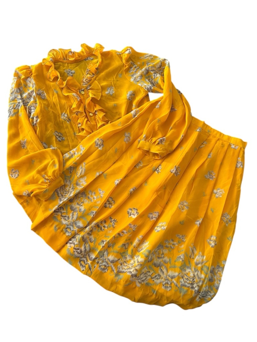 Vtg Floral Ruffled Top Pleated Skirt Size Small Bright Color Handmade 70s 80s